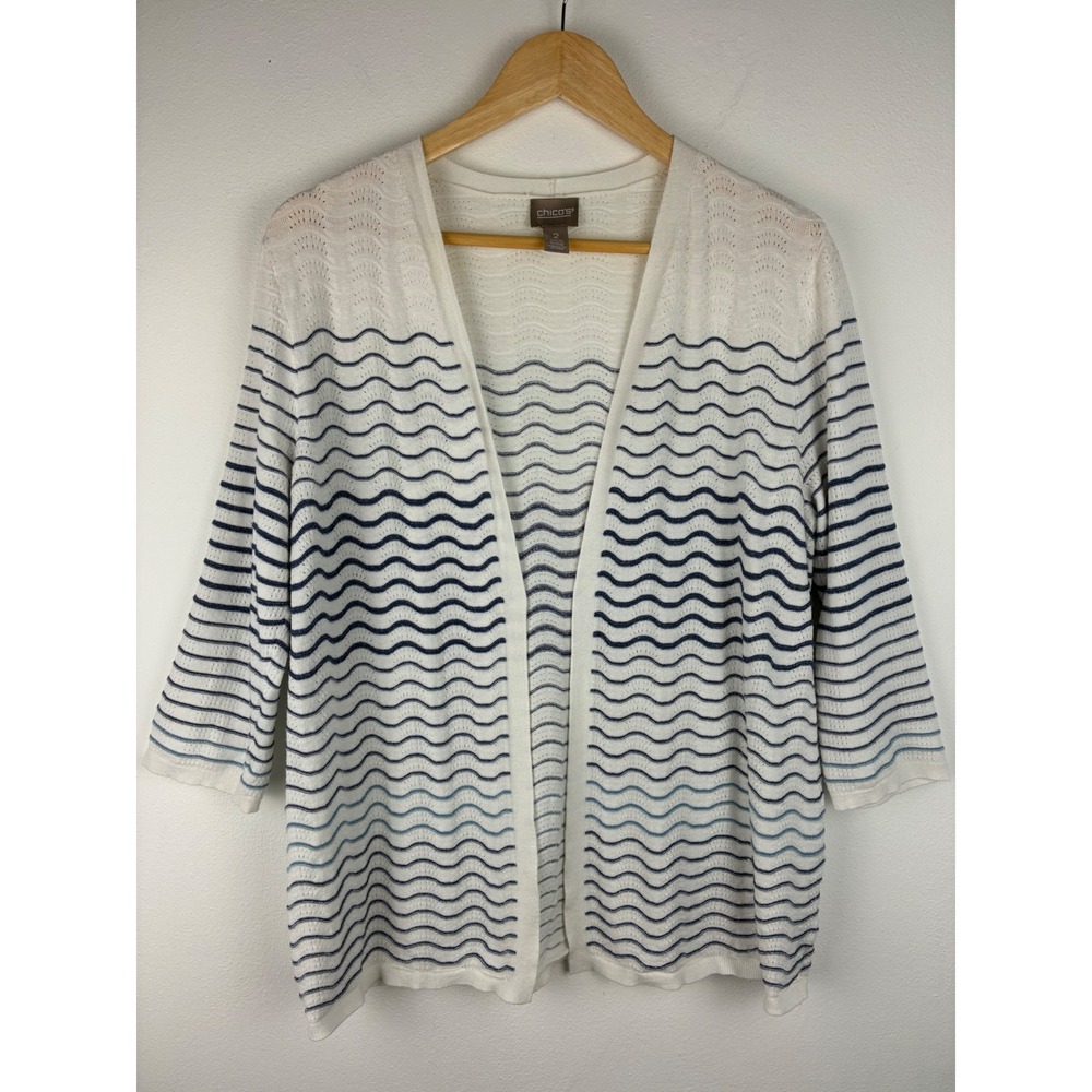 Chico's Open Front Knit Cardigan White Blue Wave Stripe Shimmer 3/4 Sleeve 2 - Picture 2 of 10